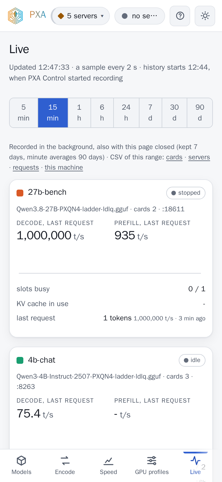 PXA Control, live tab (light theme)