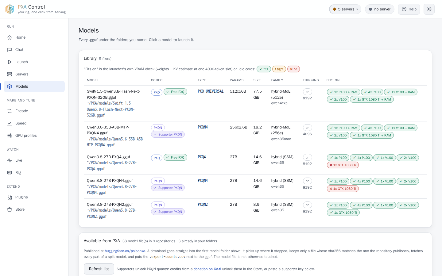 PXA Control, models tab (light theme)
