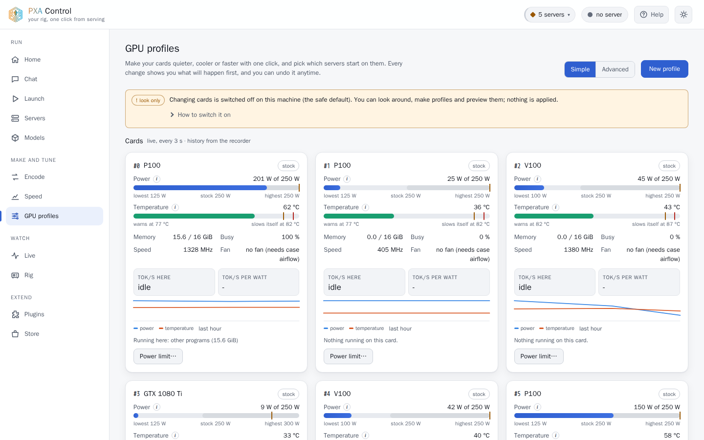 PXA Control, profiles tab (light theme)