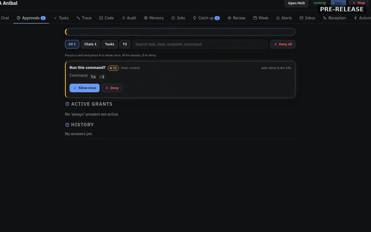 Anibal approvals page with a command card offering Allow once and Deny.