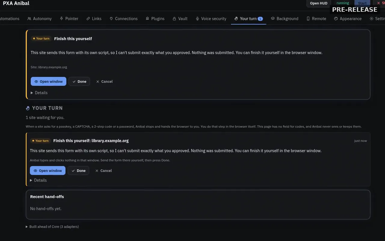 Anibal Your turn page asking the user to finish a form themselves in the browser window.