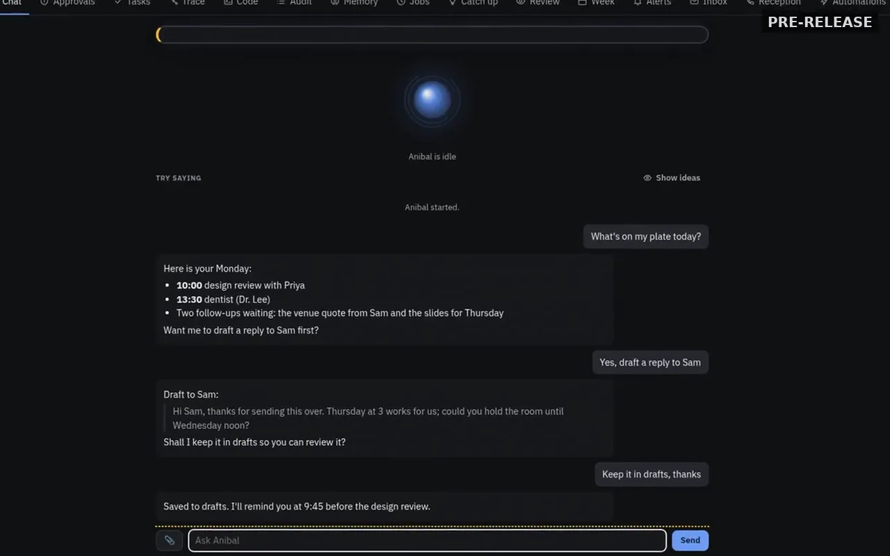 Anibal chat screen showing a conversation that drafts a reply and saves it to drafts.