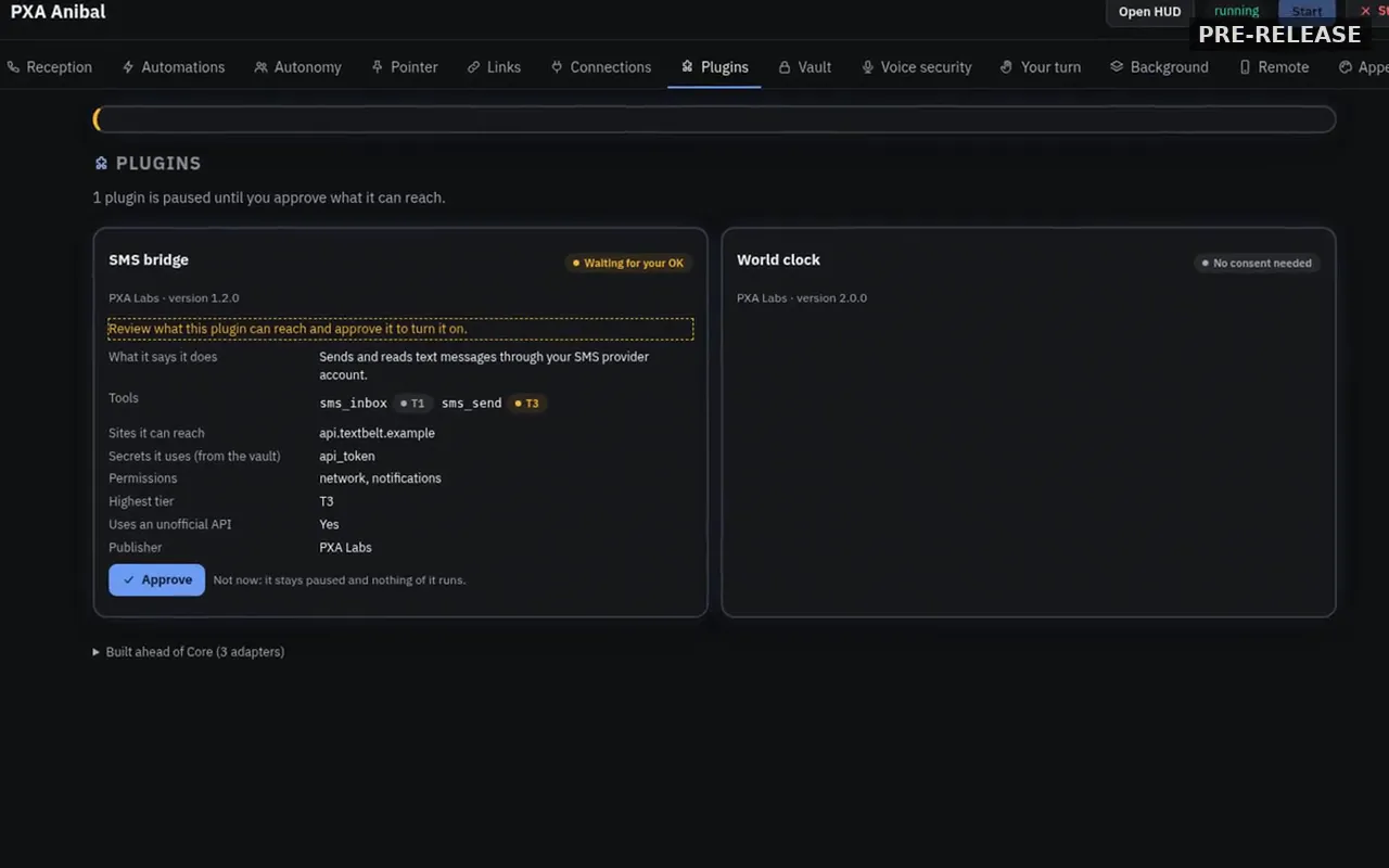 Anibal plugins page with one plugin waiting for approval and listing what it can reach.