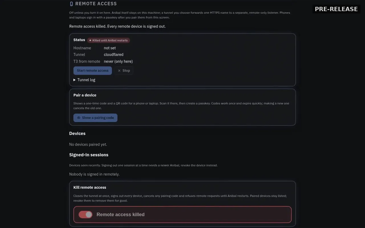 Anibal remote access page with the kill switch on and remote access killed.