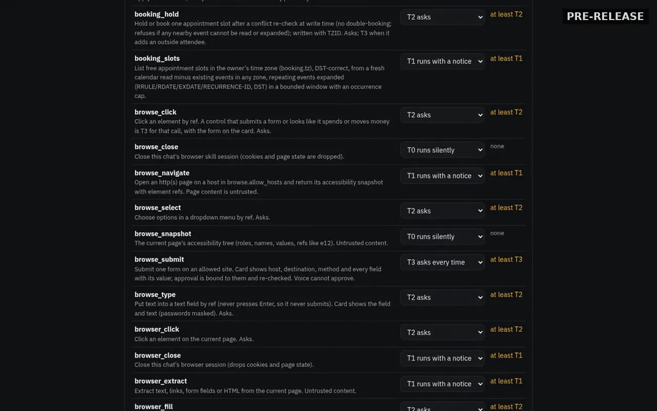 Anibal settings listing tools, each with a tier dropdown.