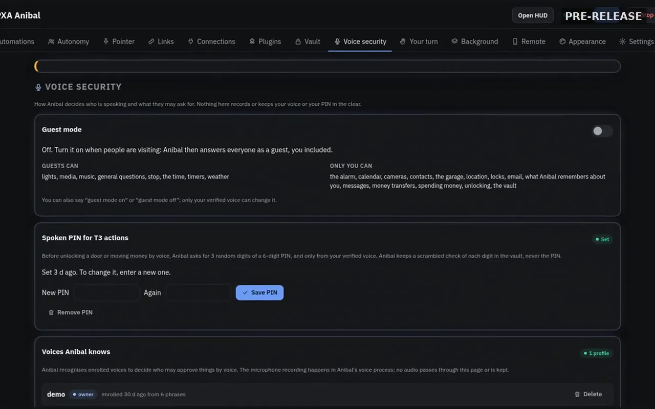 Anibal voice security settings with guest mode and a spoken PIN for T3 actions.