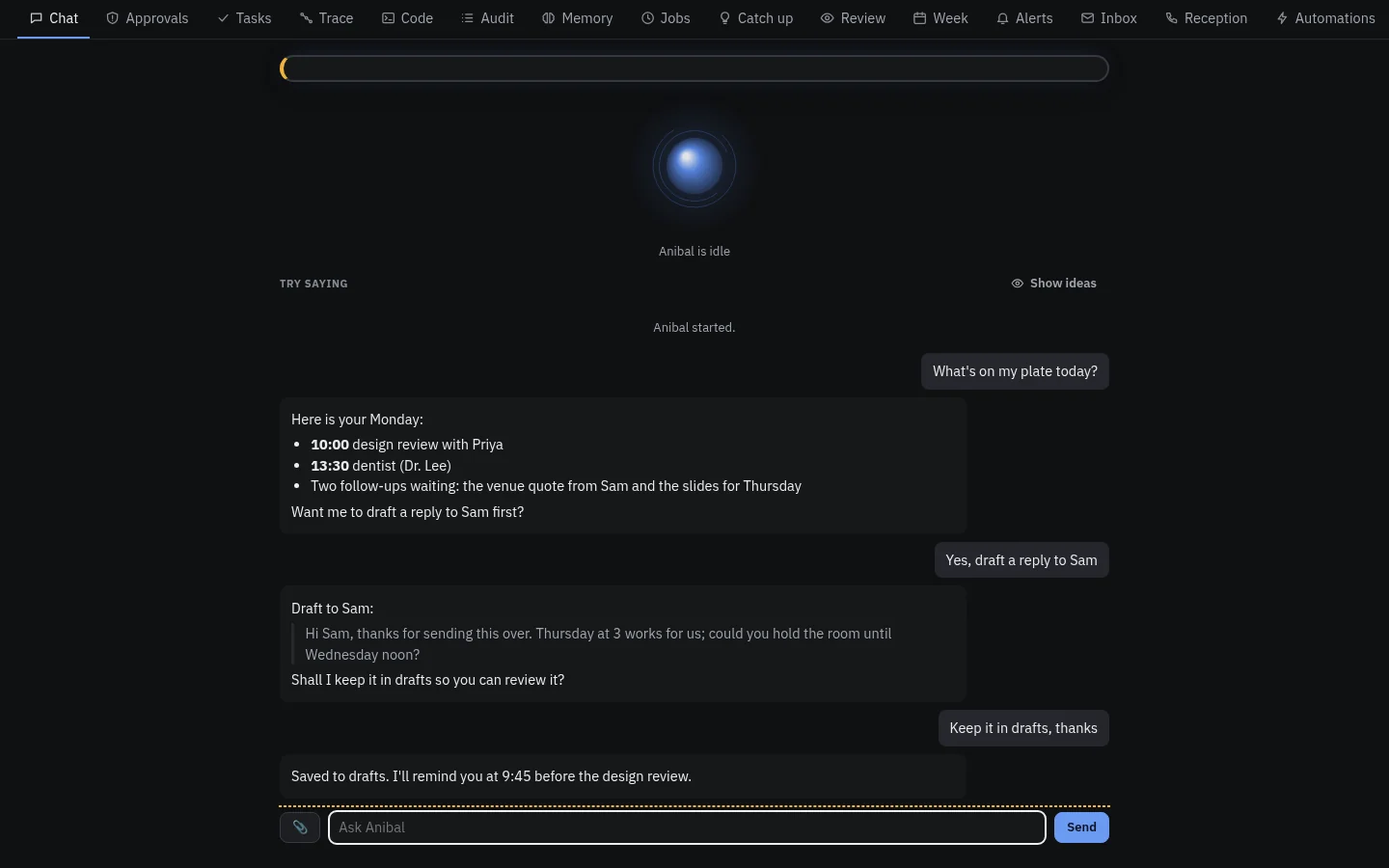 Anibal pre-release screenshot. Chat tab with a demo conversation.