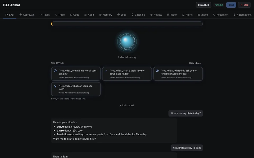 Anibal pre-release screenshot. Voice orb listening, with “Hey Anibal” example cards.