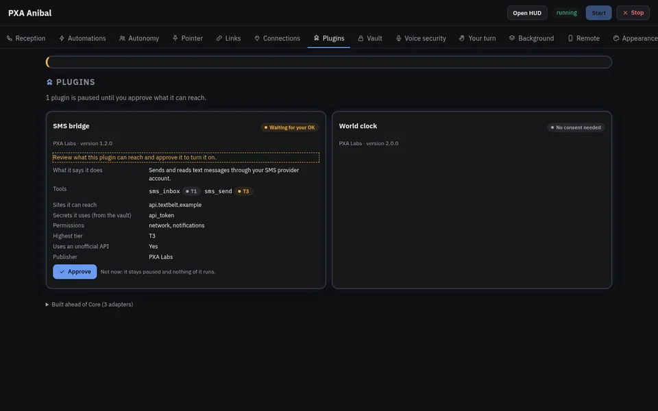 Anibal pre-release screenshot. Plugins consent pane: a plugin stays paused until you approve what it can reach.