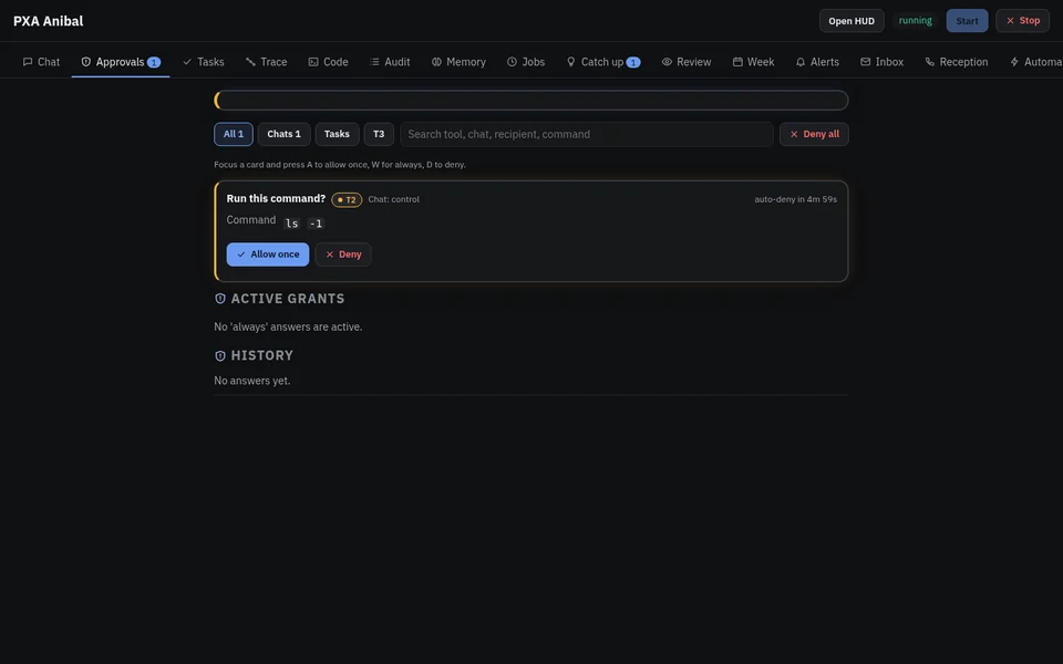 Anibal pre-release screenshot. Approvals: a shell command waiting for Allow once or Deny.