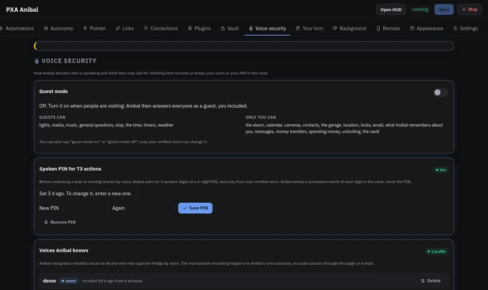 Anibal pre-release screenshot. Voice security: guest mode, a spoken PIN for T3 actions, and the voices Anibal knows.