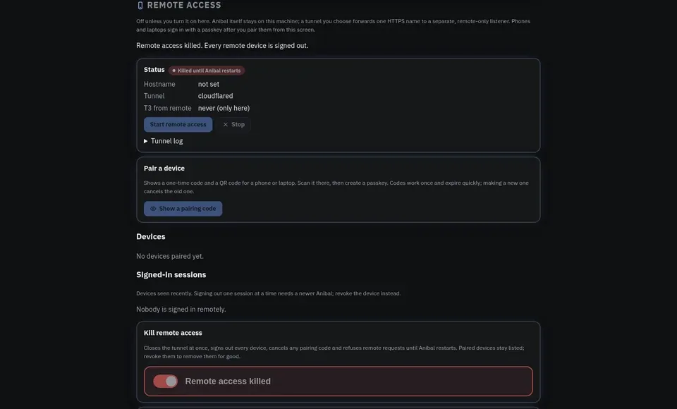Anibal pre-release screenshot. Remote access pane with the kill switch on: every remote device is signed out.