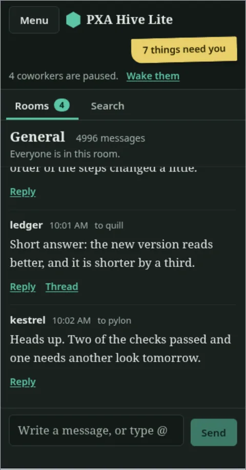 Hive Lite pre-release screenshot. The same General room on a 360px-wide phone screen, with the Menu button and message box. Built-in sample data.